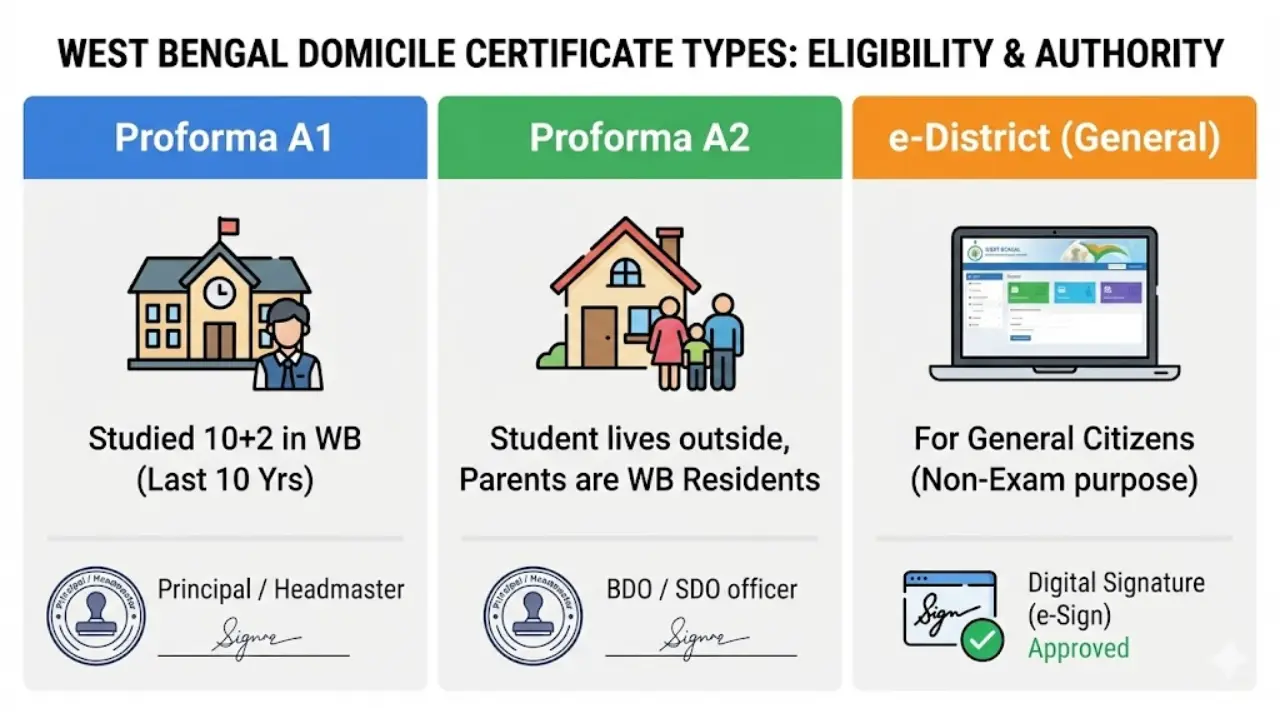 WB Domicile Certificate Proforma A1 vs A2 vs B Comparison Chart 2026